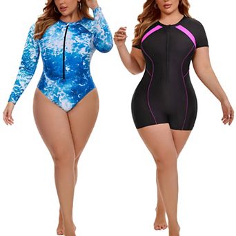 2 Packs Women's Plus Size Surfing Swimwear, Long Sleeve Tie Dye & Contrasting Short Sleeves Swimsuit