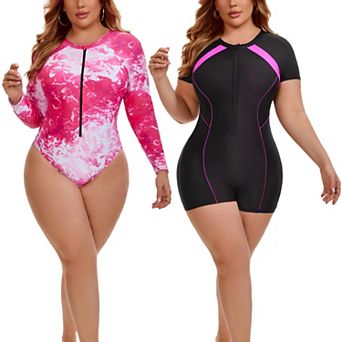 2 Packs Women's Plus Size Surfing Swimwear, Long Sleeve Tie Dye & Contrasting Short Sleeves Swimsuit