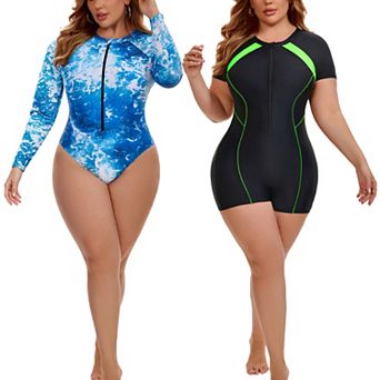 2 Packs Women's Plus Size Surfing Swimwear, Long Sleeve Tie Dye & Contrasting Short Sleeves Swimsuit