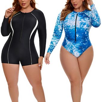 2 Packs Women's Plus Size 1 pc Long Sleeve Swimwear, Contrasting Colors Surf Suit & Tie Dye Swimsuit