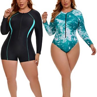2 Packs Women's Plus Size 1 pc Long Sleeve Swimwear, Contrasting Colors Surf Suit & Tie Dye Swimsuit
