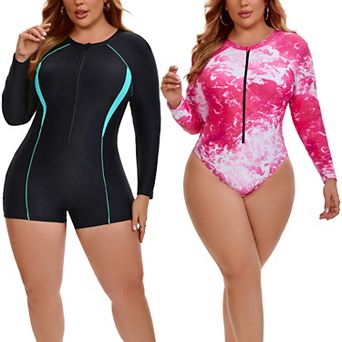 2 Packs Women's Plus Size 1 pc Long Sleeve Swimwear, Contrasting Colors Surf Suit & Tie Dye Swimsuit
