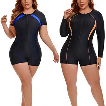 2 Packs Women's Plus Size 1 pc Surfing Swimwear Boyleg Guard Short Sleeve & Long Sleeve Swimsuit