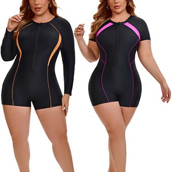 2 Packs Women's Plus Size 1 pc Surfing Swimwear Boyleg Guard Short Sleeve & Long Sleeve Swimsuit