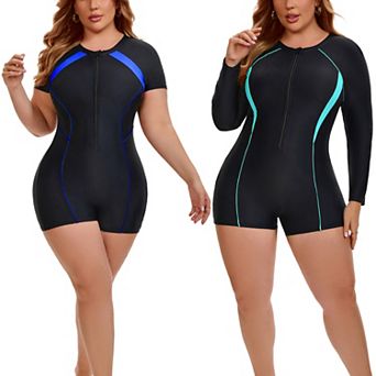 2 Packs Women's Plus Size 1 pc Surfing Swimwear Boyleg Guard Short Sleeve & Long Sleeve Swimsuit