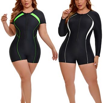 2 Packs Women's Plus Size 1 pc Surfing Swimwear Boyleg Guard Short Sleeve & Long Sleeve Swimsuit