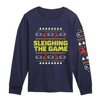 Boys 8-20 “Sleighing the Game” Ugly Christmas Sweater Long Sleeve Graphic Tee