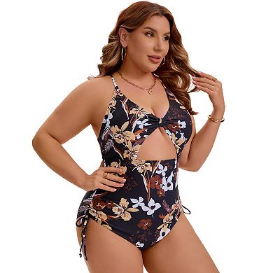 2 Packs Women's Plus Size 1 Pc Swimsuit, Floral Print Monokini & Halter Neck Shirring Bathing Suit