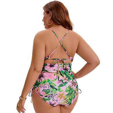 2 Packs Women's Plus Size 1 Pc Swimsuit, Floral Print Monokini & Halter Neck Shirring Bathing Suit