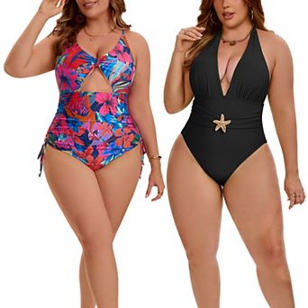 2 Packs Women's Plus Size 1 pc Swimsuit, Floral Print Monokini & Halter Neck Shirring Bathing Suit