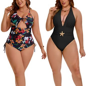 2 Packs Women's Plus Size 1 pc Swimsuit, Floral Print Monokini & Halter Neck Shirring Bathing Suit