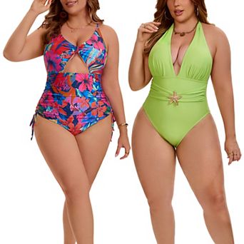 2 Packs Women's Plus Size 1 pc Swimsuit, Floral Print Monokini & Halter Neck Shirring Bathing Suit