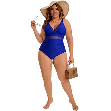 2 Packs Women's Plus Size 1 Piece Swimsuit, Mesh V Neck Swimwear & Twist Front Cutout Bathing Suit