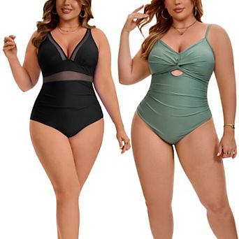 2 Packs Women's Plus Size 1 pc Swimsuit, Mesh V Neck Swimwear & Twist Front Cutout Bathing Suit