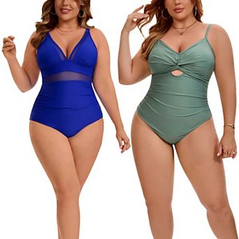 2 Packs Women's Plus Size 1 pc Swimsuit, Mesh V Neck Swimwear & Twist Front Cutout Bathing Suit