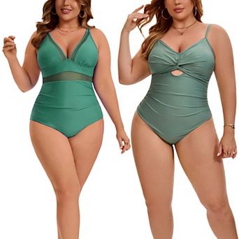 2 Packs Women's Plus Size 1 pc Swimsuit, Mesh V Neck Swimwear & Twist Front Cutout Bathing Suit