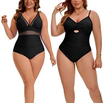 2 Packs Women's Plus Size 1 pc Swimsuit, Mesh V Neck Swimwear & Twist Front Cutout Bathing Suit