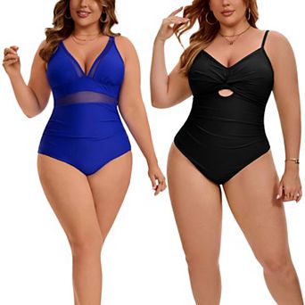 2 Packs Women's Plus Size 1 pc Swimsuit, Mesh V Neck Swimwear & Twist Front Cutout Bathing Suit