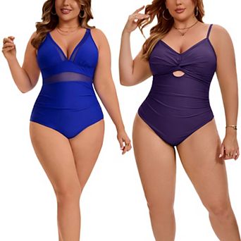 2 Packs Women's Plus Size 1 pc Swimsuit, Mesh V Neck Swimwear & Twist Front Cutout Bathing Suit