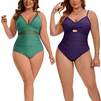 2 Packs Women's Plus Size 1 pc Swimsuit, Mesh V Neck Swimwear & Twist Front Cutout Bathing Suit