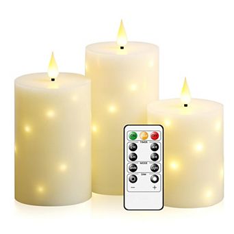 LED Candles with Star String Real Wax Remote Timer Flickering Pillar Flameless Home Decor