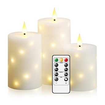 LED Candles with Star String Real Wax Remote Timer Flickering Pillar Flameless Home Decor