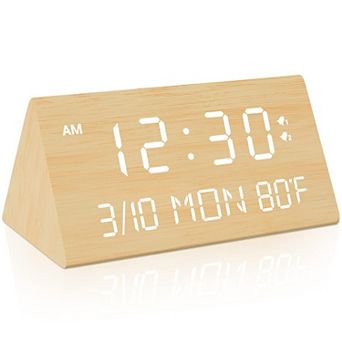 Wooden Digital Alarm Clock 0-100% Dimmer Dual Alarm Weekday/Everyday Mode 9 Mins Snooze 12/24H