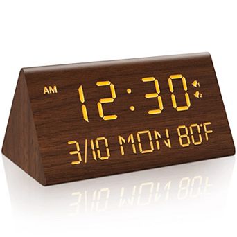 Wooden Digital Alarm Clock 0-100% Dimmer Dual Alarm Weekday/Everyday Mode 9 Mins Snooze 12/24H