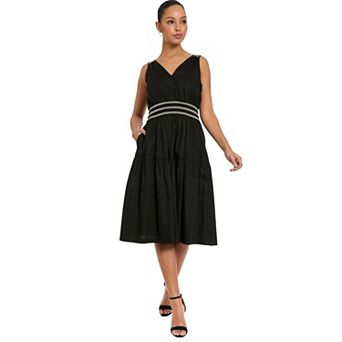 Women's London Times Smocked V-Neck Dress with Embroidery