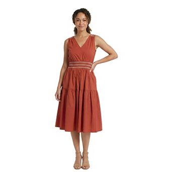 Women's London Times Smocked V-Neck Dress with Embroidery