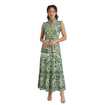 Women's London Times Smocked Waist Ruffle Collared Tiered Maxi Dress