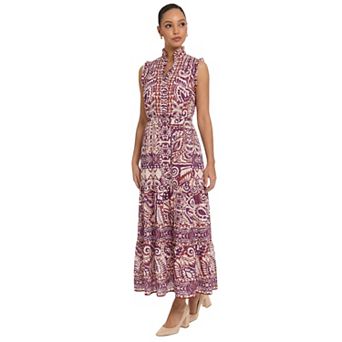 Women's London Times Smocked Waist Ruffle Collared Tiered Maxi Dress