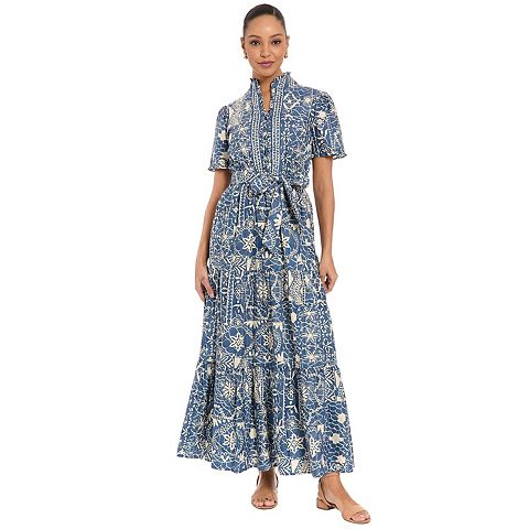 Женские платья London Women's London Times Ruffle Neck Short Sleeve Tiered Maxi Dress