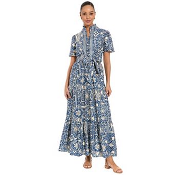 Women's London Times Ruffle Neck Short Sleeve Tiered Maxi Dress