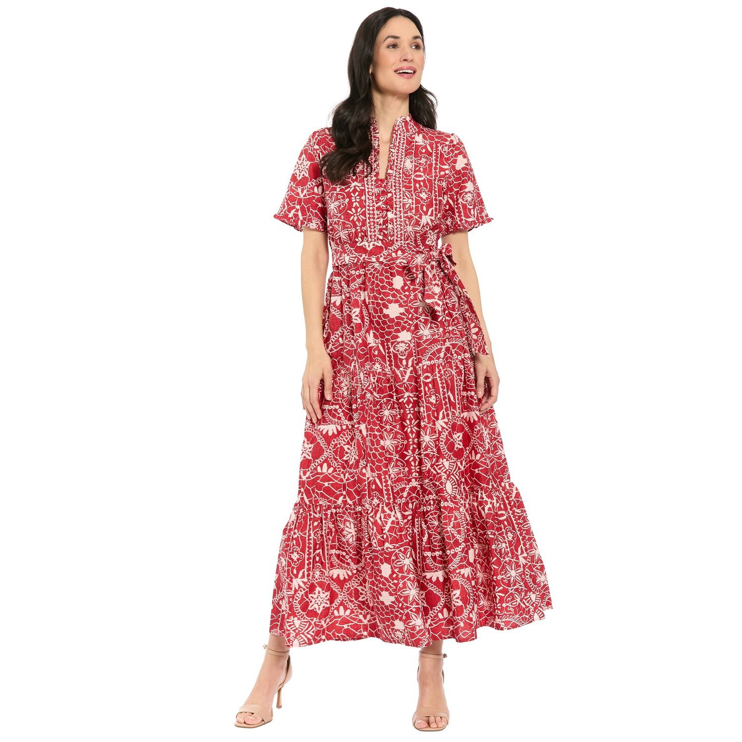 Женское платье London Times Ruffle Neck Short Sleeve Tiered Maxi, цвет: Красный розовый — фото 1