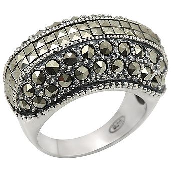 Alamode 925 Sterling Silver Synthetic Marcasite Armour Ring