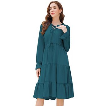 Women Tie V Neck Ruffle Long Sleeve Floral Print Dress A-Line Drawstring Waist Swing Midi Dress