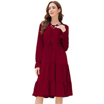 Women Tie V Neck Ruffle Long Sleeve Floral Print Dress A-Line Drawstring Waist Swing Midi Dress