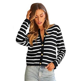 Women Striped Cardigan Sweaters Button Down Cropped Knit Lady Jackets Coat Outfits Trendy Clothes