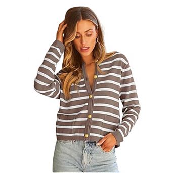 Women Striped Cardigan Sweaters Button Down Cropped Knit Lady Jackets Coat Outfits Trendy Clothes