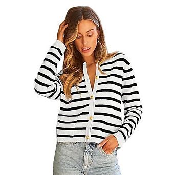 Women Striped Cardigan Sweaters Button Down Cropped Knit Lady Jackets Coat Outfits Trendy Clothes