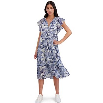 Women's London Times Flutter Sleeve Tiered Midi Dress