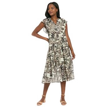 Women's London Times Flutter Sleeve Tiered Midi Dress