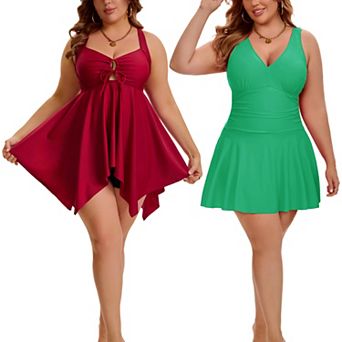 2 Packs Plus Size Women's Swimsuits,Tummy Control Tie Knot Tankini & Push Up Shirring Swimdress