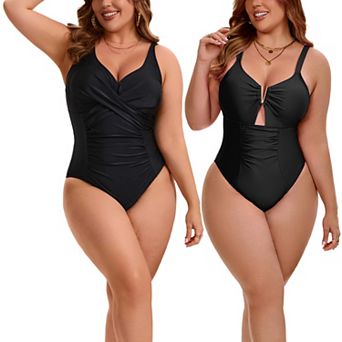 2 Packs Women's Plus Size 1 pc Bathing Suit, Cross V-neck Swimsuit & V-Wire Cutout Swimwear Set