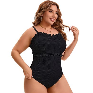 2 Packs Women's Plus Size 1 Pc Bathing Suit, Textured Ruffle Trim Swimsuit & Tie-Front Cutout Suits