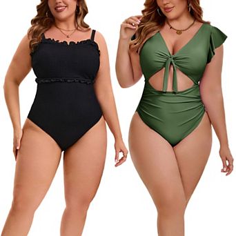 2 Packs Women's Plus Size 1 pc Bathing Suit, Textured Ruffle Trim Swimsuit & Tie-Front Cutout Suits
