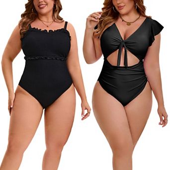 2 Packs Women's Plus Size 1 pc Bathing Suit, Textured Ruffle Trim Swimsuit & Tie-Front Cutout Suits