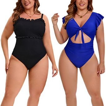 2 Packs Women's Plus Size 1 pc Bathing Suit, Textured Ruffle Trim Swimsuit & Tie-Front Cutout Suits