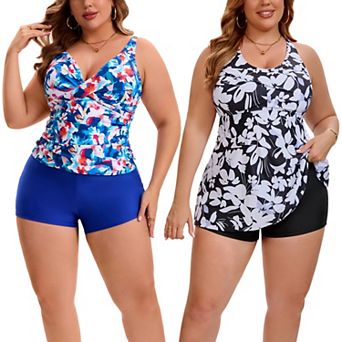 2 Packs Women's Plus Size 2 pc Swimwear, Ruched Tankini Board Shorts & Floral Flowy Swimsuit Sets